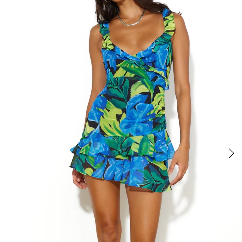 Runaway Romelly Mini Dress Sz S Green Blue V-neck Ruched Sleeveless Tropical